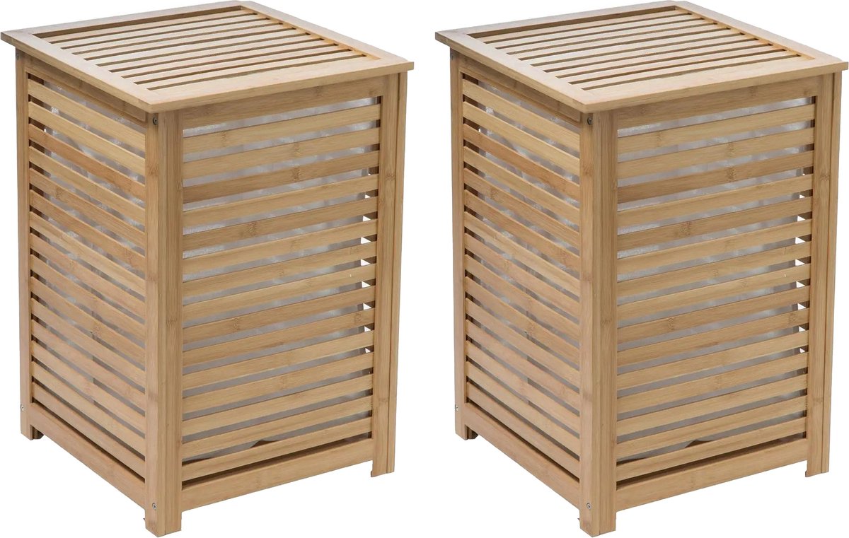 Wasmand Bamboe - 2x - met opvang waszak - 50 liter compartiment - 40 x 38 x 58 cm - met deksel -