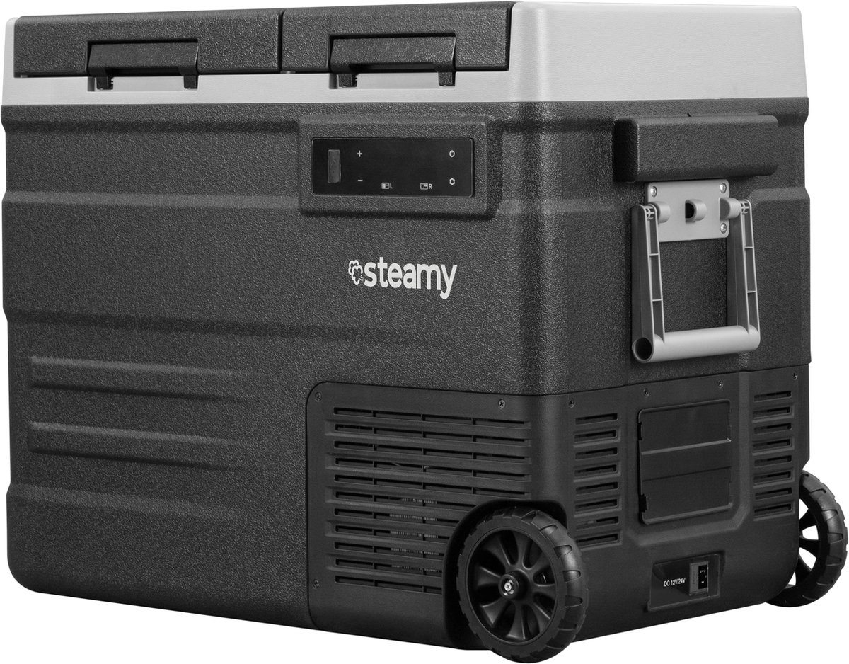Steamy-E Dual Zone Roller Elektrische Compressor Koelbox Op Wielen - Dual Zone - 49 liter - 12V en 230V - voor auto en camping - Zwart