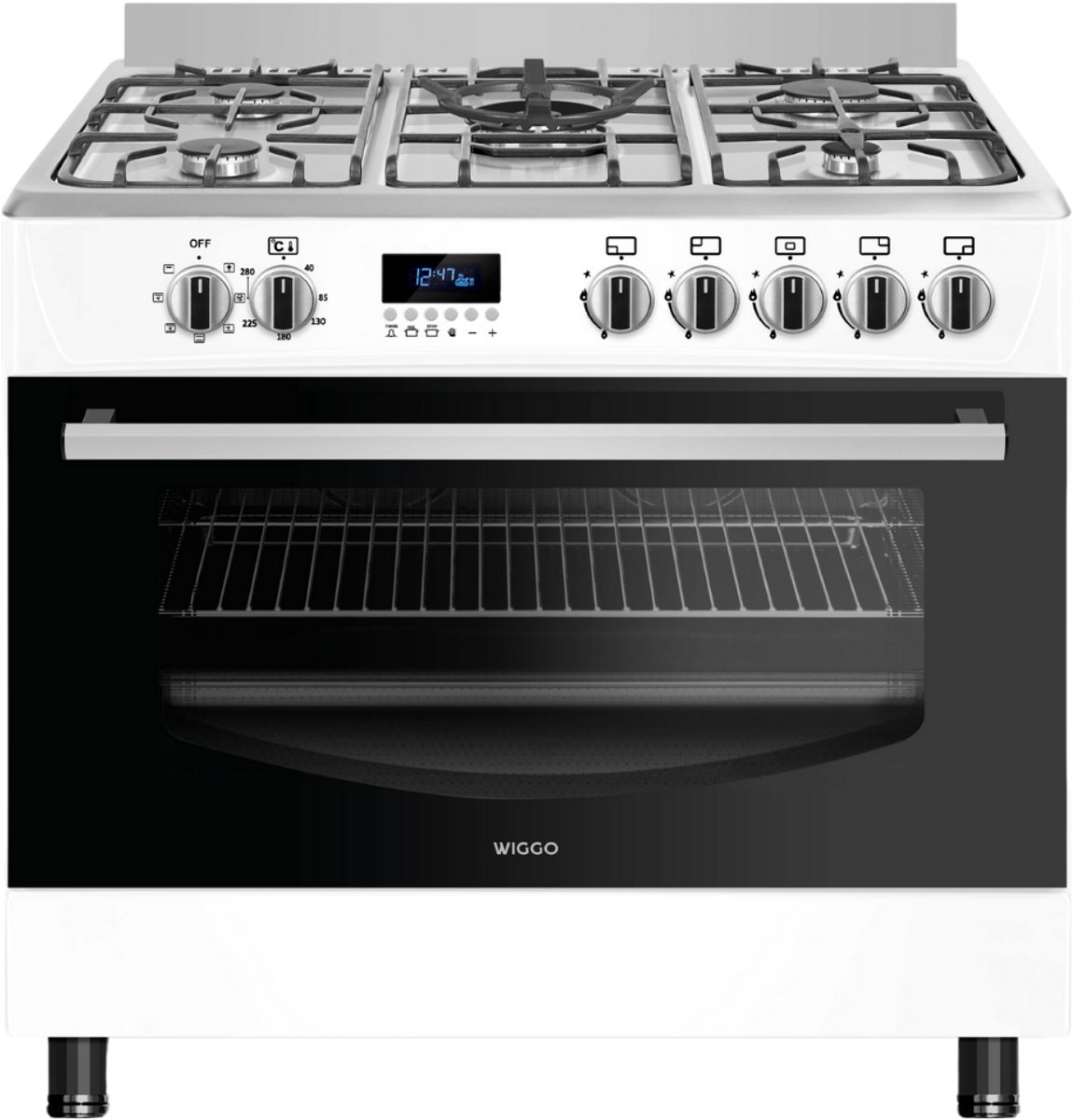 Wiggo WO-E909R(WX) - Serie 9 - 90 cm - Gasfornuis - 5 kookzones - Wit Rvs