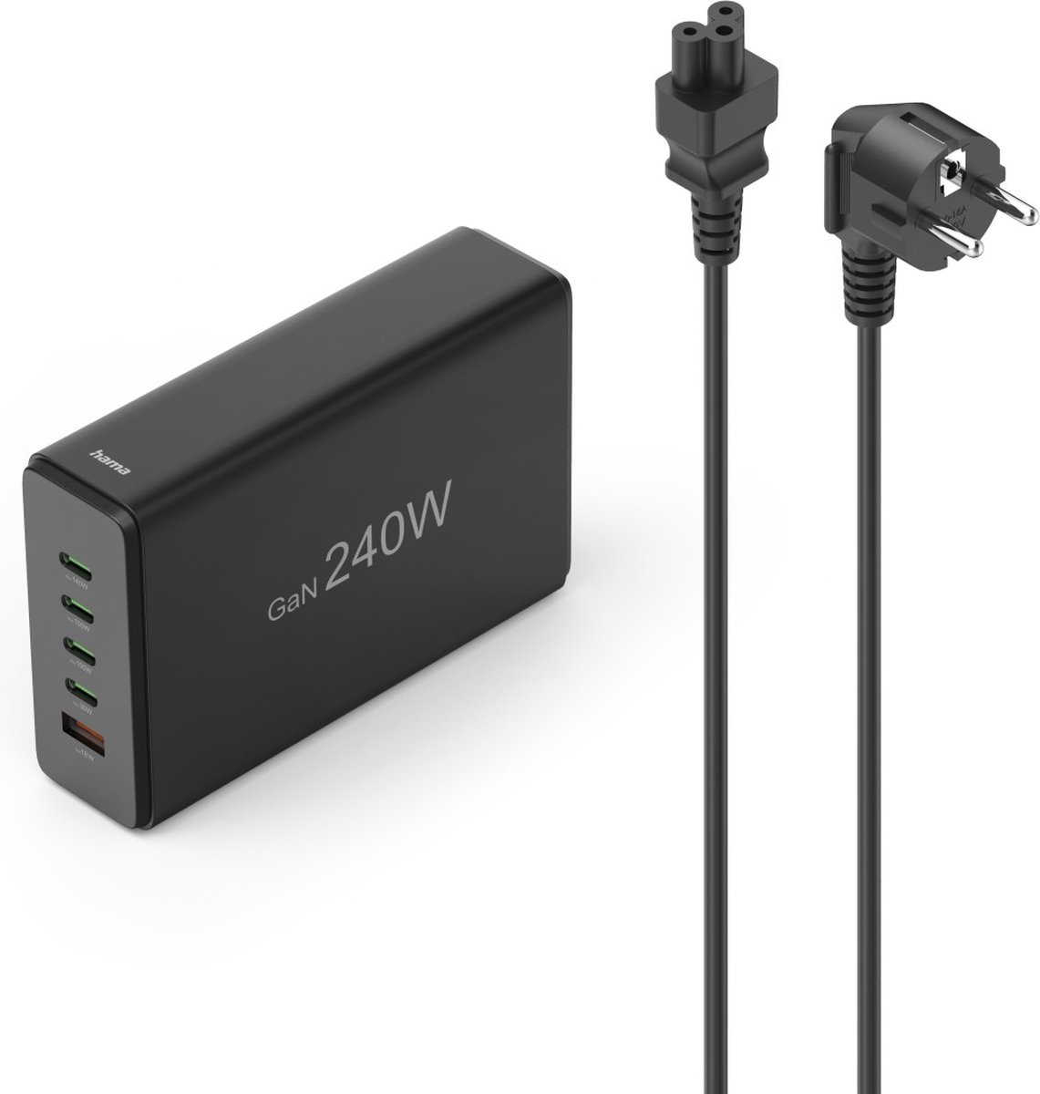 Hama USB-Ladestation 5 Ports, GaN, Schnellladegerät, 4xUSB-C, 1xUSB-A, PD, 240 W USB-laadstation 240 W Zwart