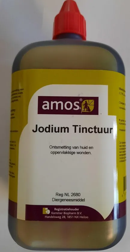 Amos Jodium Tinctuur - 1 Liter - Ontsmetting van huid en oppervlakkige wonden bij dieren