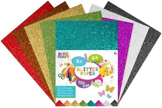 Basic Craft A4 Glitterpapier 150 grams 8 Stuks