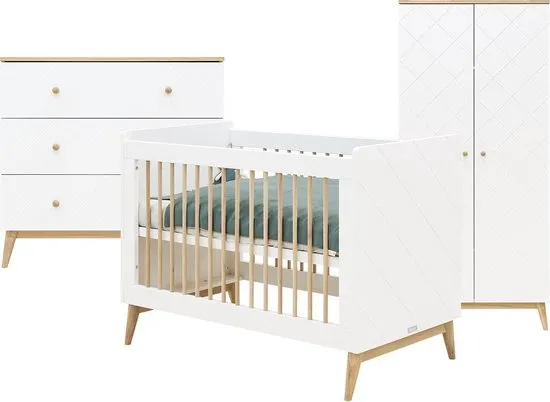 Bopita Paris 3-Delige Babykamer - Bed - Commode - 2-Deurskast - Wit/Eiken