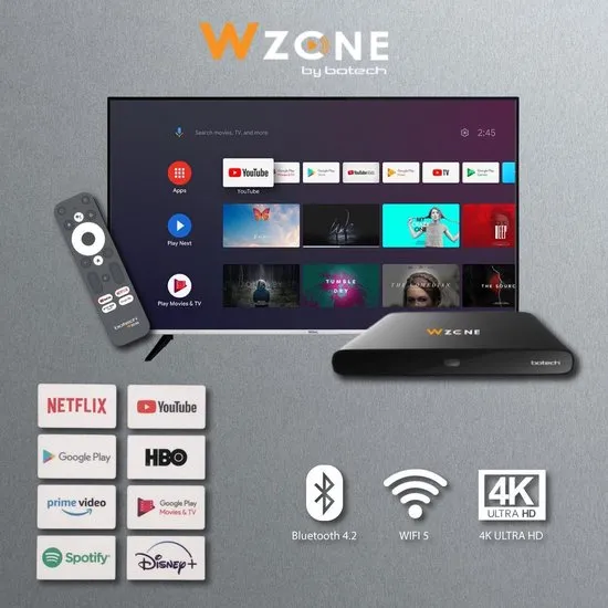 Botech Wzone Android TV Box 4K - UHD Mediaplayer - Netflix, YouTube, Prime Video, en Disney plus