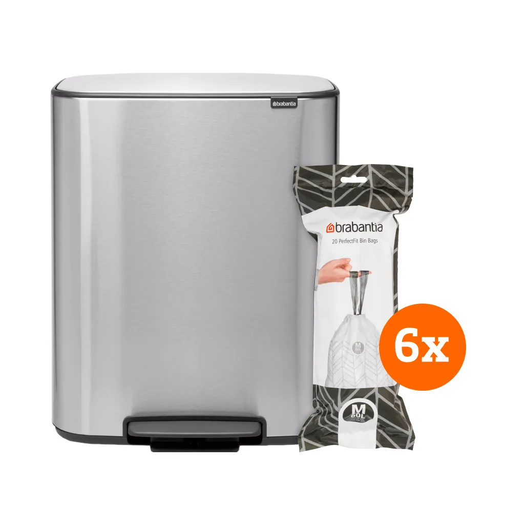Brabantia Bo Pedal Bin 60 Liter Rvs Fingerprint proof + Vuilniszakken (120 stuks)
