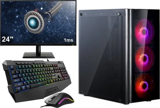 Complete Budget RGB Game PC Setup met 24" Gaming Monitor, -Toetsenbord en -Muis - AMD Athlon 3000G RGB - 240GB SSD - 8GB RAM - Win11 PRO