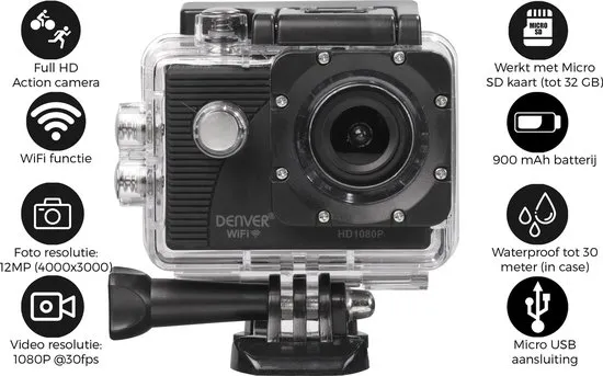 Denver ACT-5051W - Action camera - Go pro - Action camera's - Waterdicht - Full HD - Wifi en app -