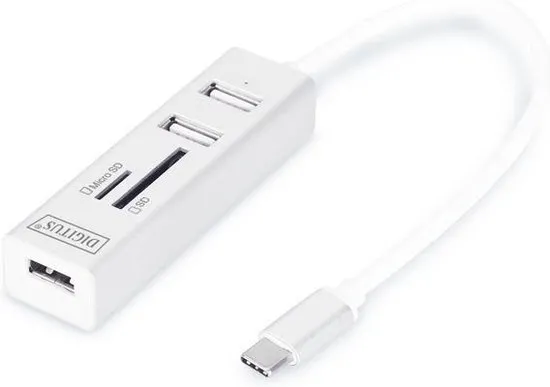 Digitus DA-70243 3 poorten USB 2.0-hub Met USB-C stekker, Met aluminium behuizing, Met OTG-functie, Met ingebouwde SD-k