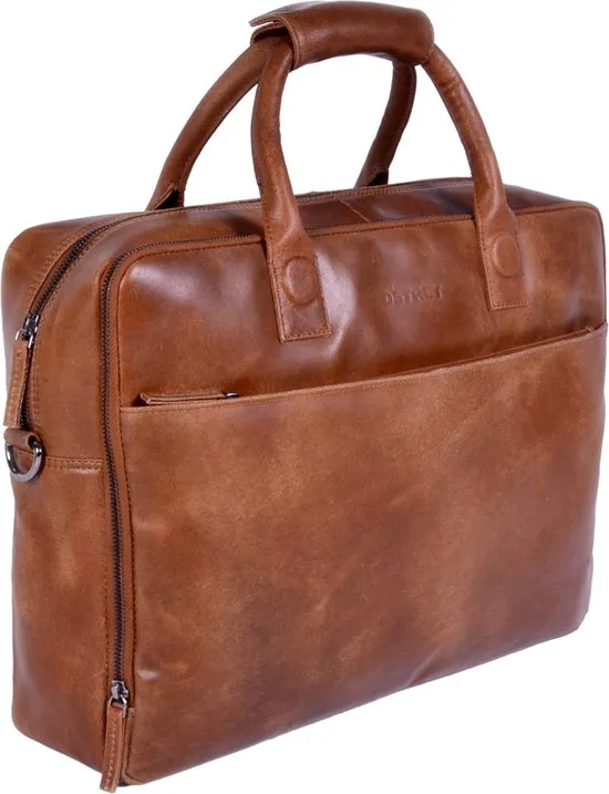 DSTRCT Fletcher November Leren Business Laptoptas - 17,3 inch laptopvak met rits - Sleutelhanger - Cognac