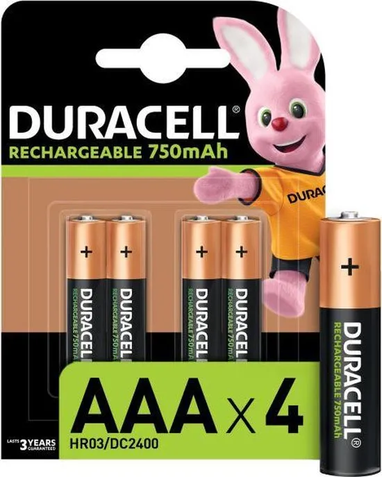 Duracell Rechargeable AAA 750mAh batterijen, verpakking van 4