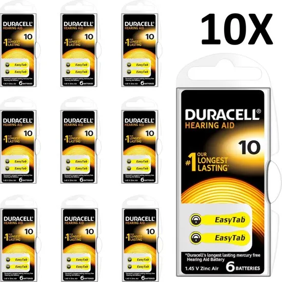 Duracell type 10 gehoorapparaat batterijen DA10 - geel - 60 stuks (10 x 6 batterijen)
