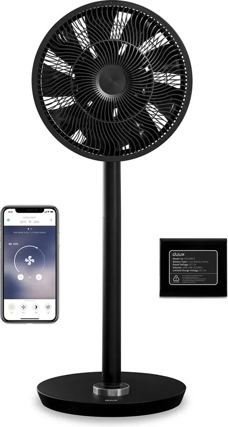 Duux Whisper Flex Smart Ventilator Zwart incl. Dock & Accu - Fluisterstil - WiFi en App - 26 standen - Oscillatie - Energiezuinig - 51 of 88 cm
