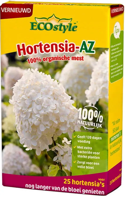 ECOstyle Hortensia-AZ Tuinmest - Organische Meststof - 120 Dagen Voeding - Volle Bloei -  Versterkt Plant - Verrijkt bodem - Voor 25 Hortensia's - 800 GR