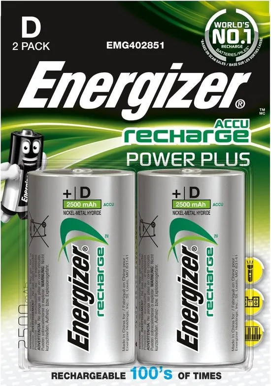 Energizer 2500 mAh herlaadbare batterij Power Plus D - blister van 2 stuks