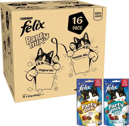 Felix Cat Snacks Party Mix - Kattensnacks Original en Seaside - 16x60g