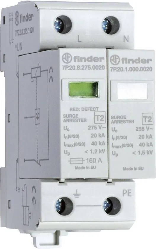 Finder 7P.22.8.275.1020 7P.22.8.275.1020 Overspanningsafleider Overspanningsbeveiliging voor: Verdeelkast 20 kA 1 stuk(