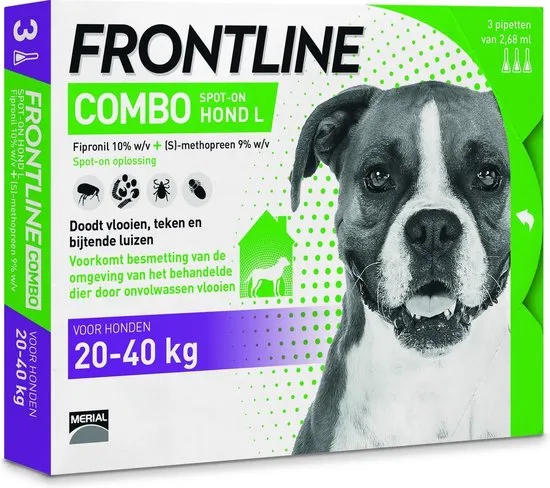 Frontline Combo - L: van 20 tot 40 kg - Anti vlooienmiddel en tekenmiddel - Hond - 3 pipetten