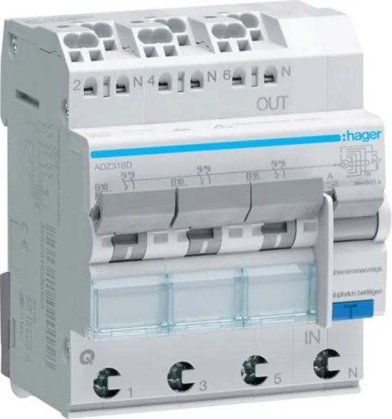 Hager ADZ316D Aardlekschakelaar 3-fasig 3-polig 16 A 0.03 A 230 V