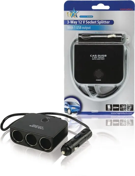 HQ - 3-Voudige Autoverdeelstekker 12v + USB - Zwart