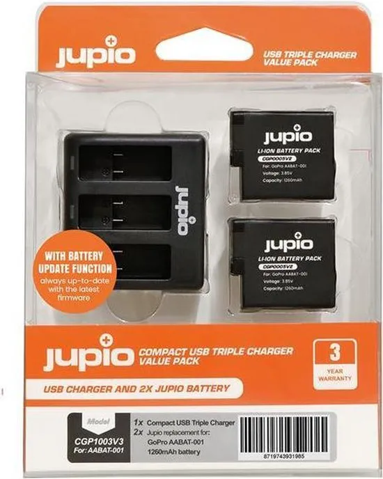 Jupio Value Pack: 2x Battery GoPro HERO5/6/7, HERO (2018) AHDBT-501 1260mAh + Compact USB Triple Cha
