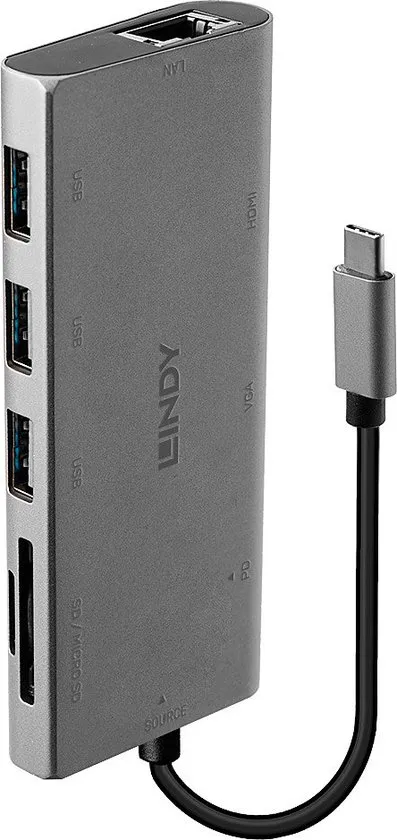 LINDY 43278 USB-C Converter [1x USB-C stekker - 3x USB 3.2 Gen 1 bus A (USB 3.0), VGA-bus, HDMI-bus, RJ45-bus, USB-C bu