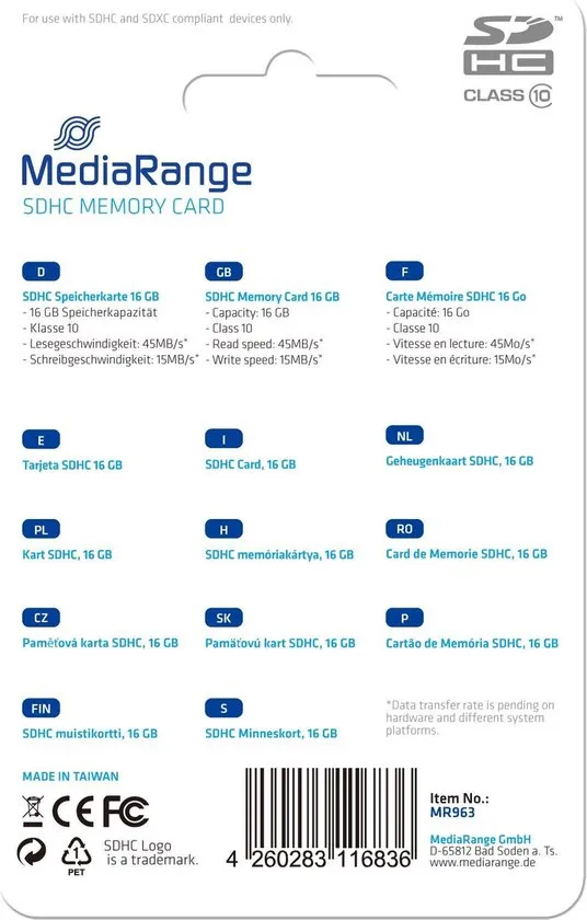 MediaRange flashgeheugens 16GB SDHC