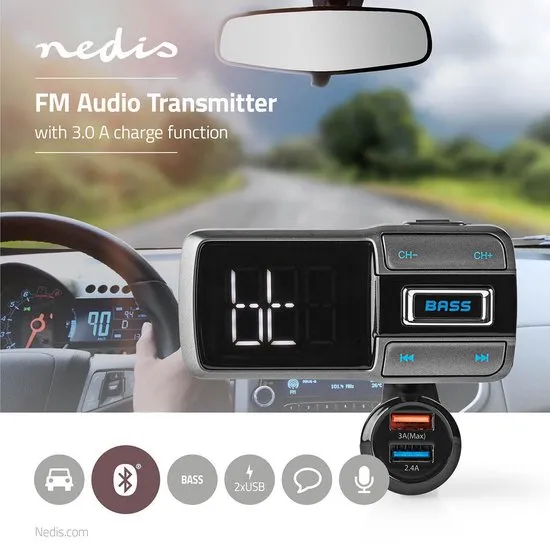 Nedis FM-Audiotransmitter voor Auto | Zwanenhals | Handsfree bellen | 2.0 " | LED-Scherm | Bluetooth® | QC 3.0 / 5.0 V DC / 2.4 A | Snelladen | Bass boost | Google Assistant / Siri | Grijs / Zwart