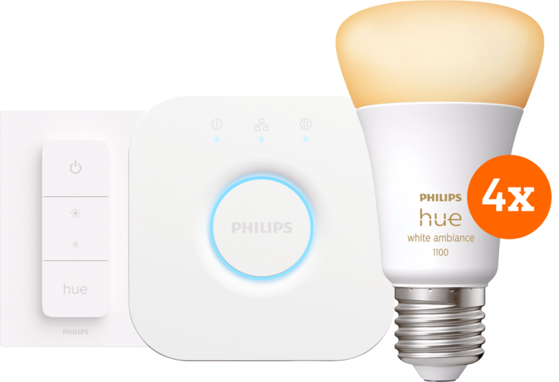 Philips Hue White Ambiance Starter Pack E27 met 4 lampen, dimmer + bridge