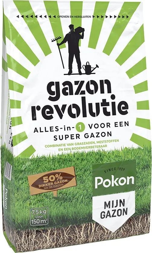 Pokon Gazon Revolutie - 7,5kg - Meststof / Graszaad / Bodemverbeteraar - Geschikt voor 150m² - Binnen 15 dagen resultaat
