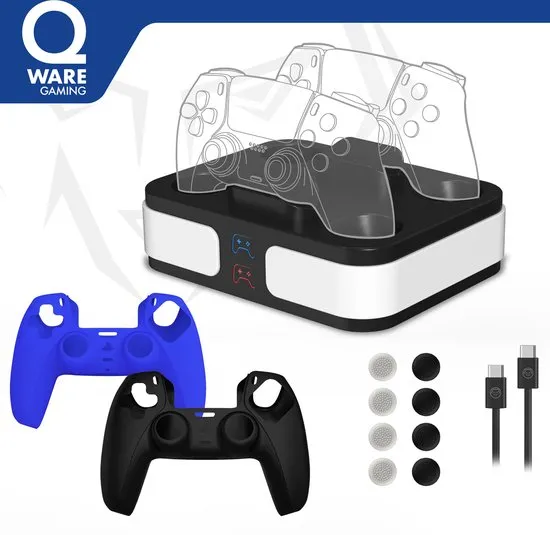 Qware - PS5 Bundel - Fast - Charger - Oplader - Silicone Grips - Laadkabel - Thumbgrips - Starterkit - Charging station - Charger - Dual Controller - LED Indicatie - Dual Charging - Docking station - PS5