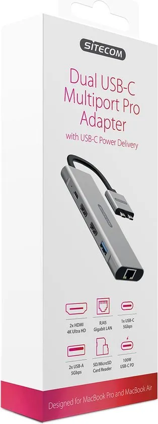 Sitecom - CN-411 - Dual USB-C Multiport Pro Adapter+PD - voor Macbooks