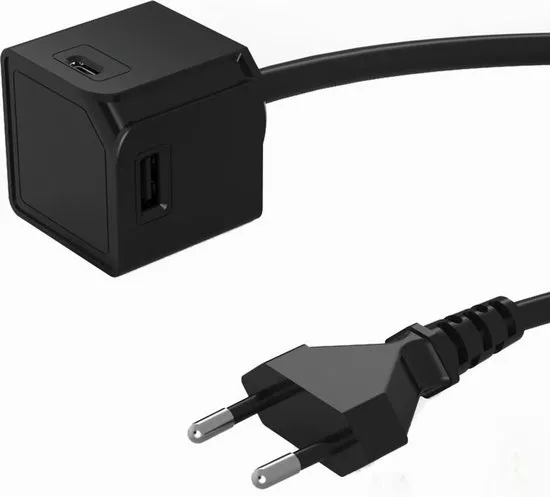 USB adapter met 1.5 meter kabel en 4 USB laders (2 x USB-A en 2 x USB-C) -  USBcube Extended USB A+C zwart - Telefoonlader - Oplader