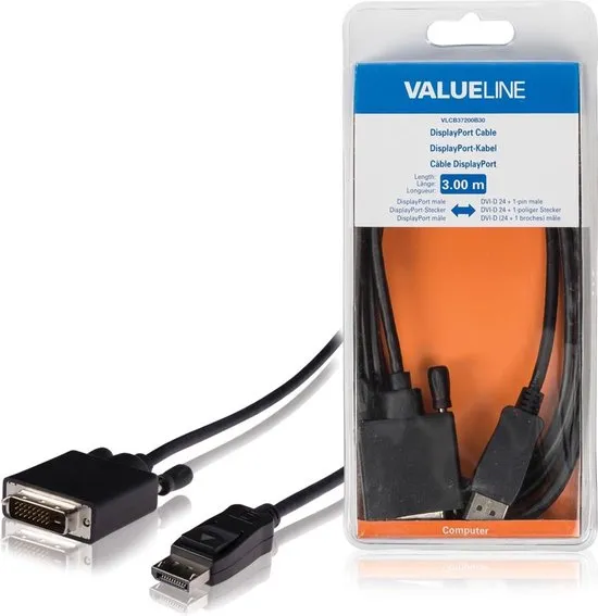 Valueline VLCB37200B30 video kabel adapter 3 m DisplayPort DVI-D Zwart