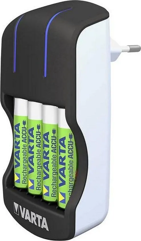 Varta - Varta Plug Batterij-Oplader met LED-Verlichting + 4 AA Batterijen Zwart - 30 Dagen Niet Goed Geld Terug