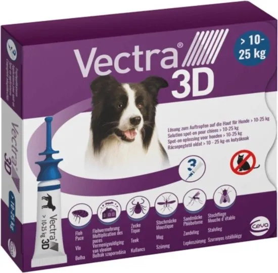 Vectra 3D|Spot-on oplossing voor honden> 10-25 kg|Dood en weert teken, vlooien, muggen en vliegen| Voorkomt vermenigvuldiging van vlooien voor 2 maanden|