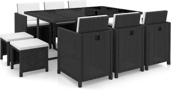 vidaXL 11-delige Tuinset met kussens poly rattan zwart