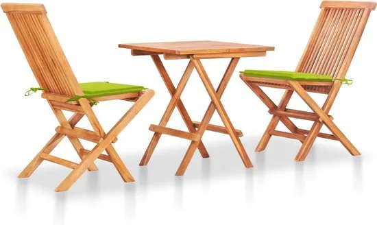 vidaXL 3-delige Bistroset met heldergroene kussens massief teakhout