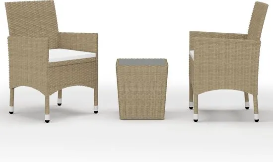 vidaXL 3-delige Bistroset poly rattan en gehard glas beige