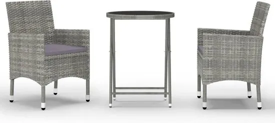 vidaXL 3-delige Bistroset poly rattan en gehard glas grijs