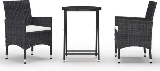 vidaXL 3-delige Bistroset poly rattan en gehard glas zwart
