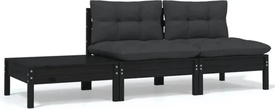 vidaXL 3-delige Loungeset met kussens massief grenenhout zwart
