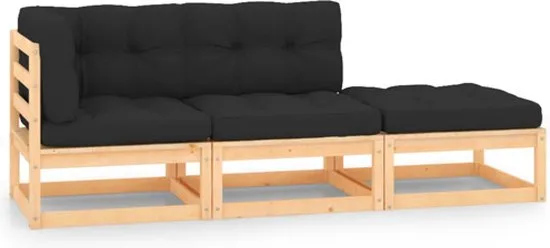vidaXL 3-delige Loungeset met kussens massief grenenhout