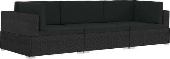 vidaXL 3-delige Loungeset met kussens poly rattan zwart