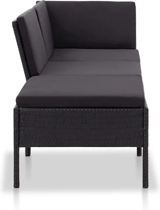 vidaXL 3-delige Loungeset met kussens poly rattan zwart