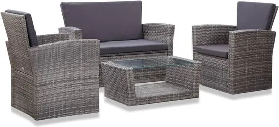 vidaXL 4-delige Loungeset met kussens poly rattan grijs