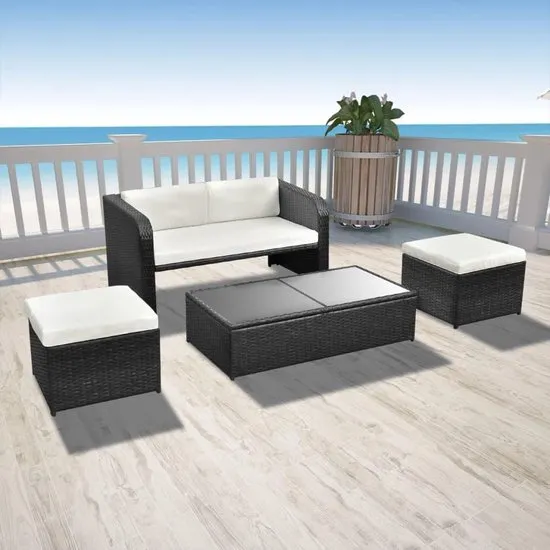vidaXL 4-delige Loungeset met kussens poly rattan zwart