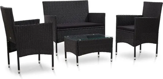 vidaXL 4-delige Loungeset met kussens poly rattan zwart