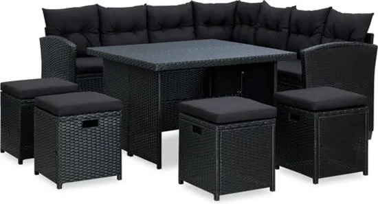 vidaXL 6-delige Loungeset met kussens poly rattan zwart