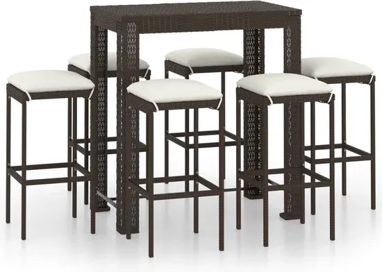 vidaXL 7-delige Tuinbarset met kussens poly rattan bruin