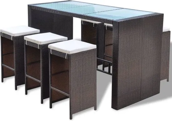 vidaXL 7-delige Tuinbarset met kussens poly rattan bruin